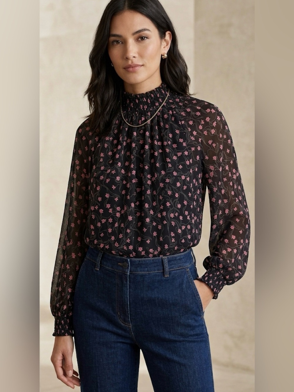 Elizabeth and James Sheer Balloon Sleeve Micro Floral Blouse